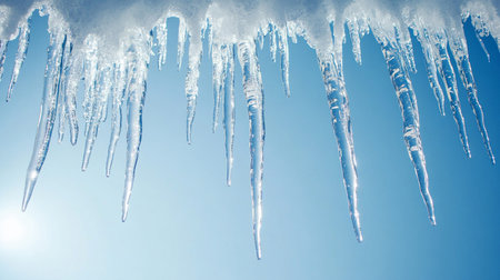 Icicles on blue sky background. Winter landscape. ice texture