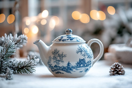 White teapot with a pattern on the background of Christmas decorations.の写真素材