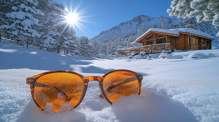 Sunglasses in the snow on the background of a wooden houseの写真素材