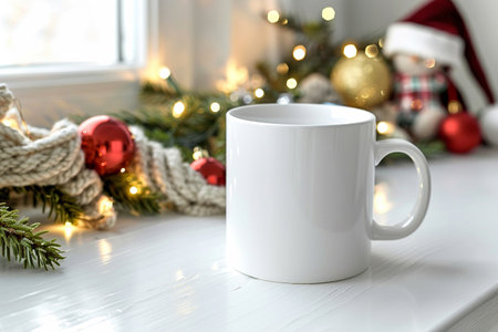 White cup of hot drink on white wooden table with christmas decorationの写真素材