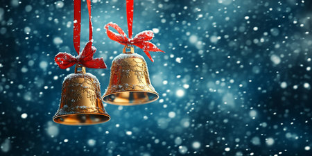 Christmas bells with red bow and snowfall on dark blue background.の写真素材