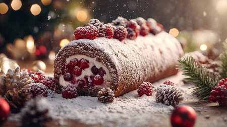 Christmas swiss roll cake with red berries and powdered sugar on wooden tableの写真素材