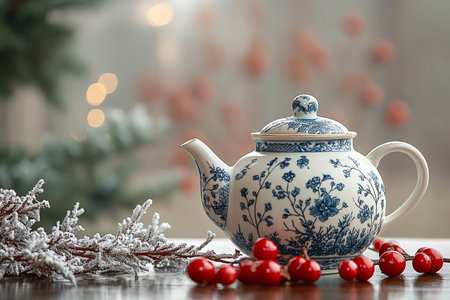 Christmas still life with teapot, spruce branch and red berriesの写真素材