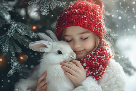 Cute little girl with white rabbit in red hat and scarf on Christmas backgroundの写真素材