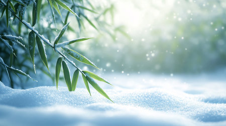 Bamboo leaves in the snow. Winter nature background with copy space.の写真素材