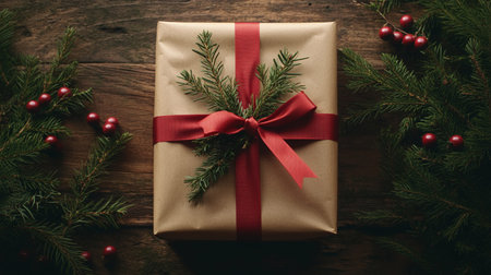 Christmas gift box with red ribbon and fir tree branch on wooden backgroundの写真素材
