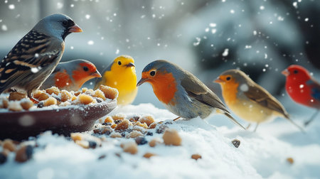 Group of birds sitting on the snow with a bowl of sunflower seedsの写真素材