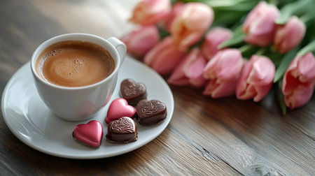 Cup of coffee with heart shaped chocolates and tulips on wooden background