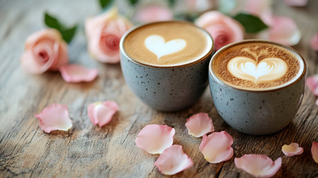 Cappuccino with heart shape and rose petals on wooden backgroundの写真素材
