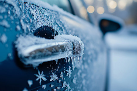 Car covered with ice and snow in winter. Close-up.の写真素材