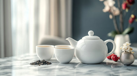 Teapot and cups of tea on white marble table in living room