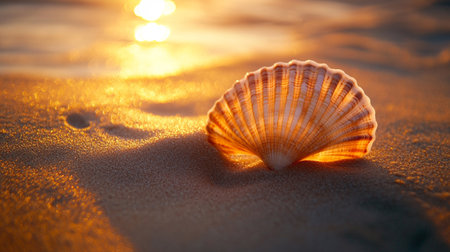 Seashell on the beach at sunset. Summer holiday concept.の写真素材