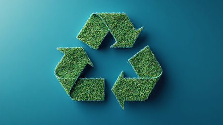 Recycling symbol made of grass on blue background, 3d render