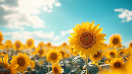 Sunflower field over cloudy blue sky background. Sunflower blooming in summer.