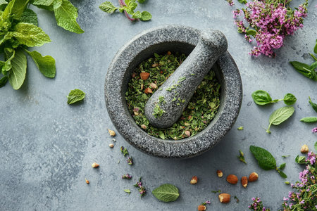 Mortar and pestle with fresh herbs on gray table, top view