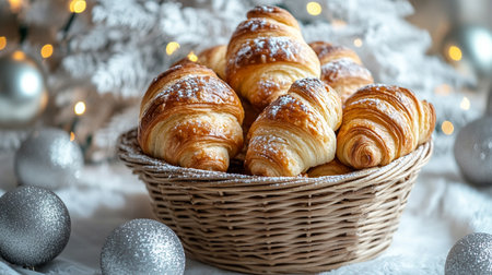 Basket with croissants on the background of a Christmas treeの写真素材