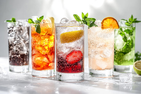 Cold drinks with ice, mint and fruits on a white background.の写真素材