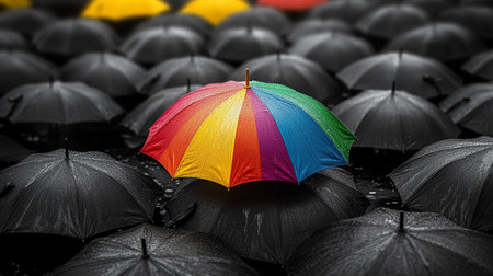 Rainbow umbrella on black umbrellas background. Colorful umbrella.