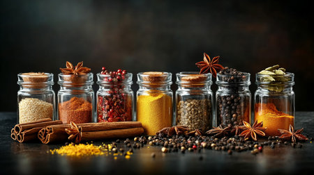 Spices and herbs in glass jars on dark background. Food and cuisine ingredients.