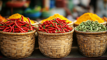 Baskets of spices and herbs on a market in India.の写真素材