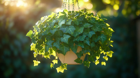 Green ivy plant in pot hanging on the wall, stock photoの写真素材