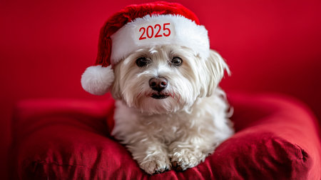 Cute Maltese dog in Santa Claus hat on red background.