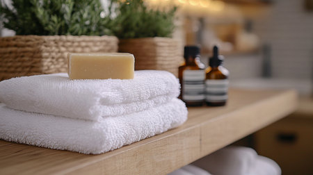 Spa composition with towels, soap and essential oil on shelf in bathroomの写真素材