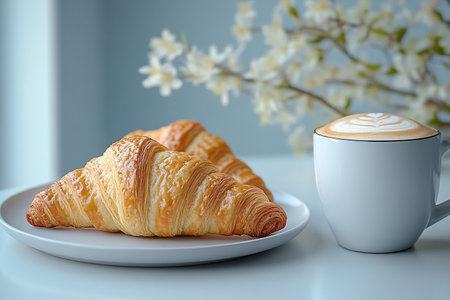 Coffee cup and croissant on the table, breakfastの写真素材
