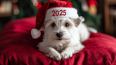 West Highland White Terrier in a Santa Claus hat on a red sofaの写真素材