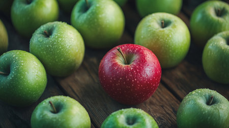 Red apple and green apples on wooden background. Close-up.の写真素材