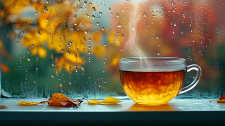Cup of tea with autumn leaves on the rainy window background.の写真素材