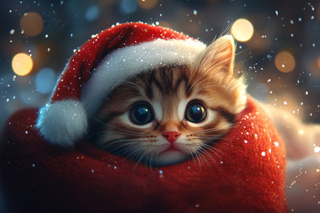 Cute siberian kitten in santa hat on christmas backgroundの写真素材