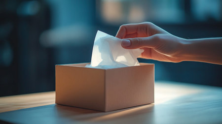 Close up of a woman's hand taking a tissue from a box