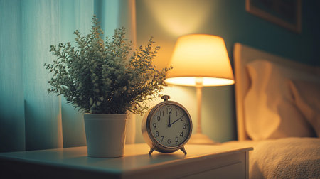 Alarm clock and vase of flowers on bedside table in bedroom