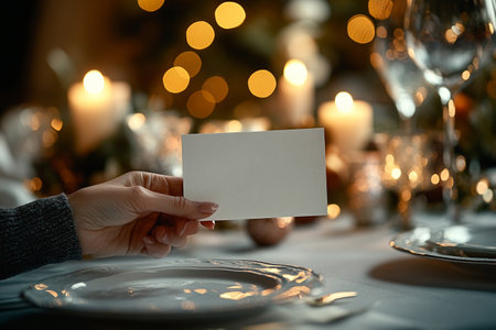 Woman's hand holding a blank card on a christmas tableの写真素材