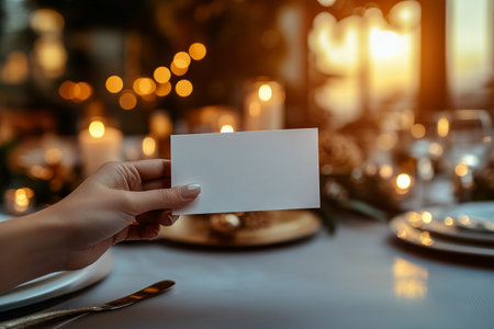 Close up of female hand holding blank business card on table in restaurantの写真素材