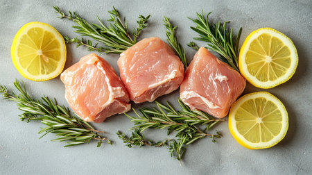 Raw chicken fillet with lemon, rosemary and spices on gray backgroundの写真素材