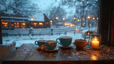 Two cups of coffee on the windowsill in the winter at nightの写真素材