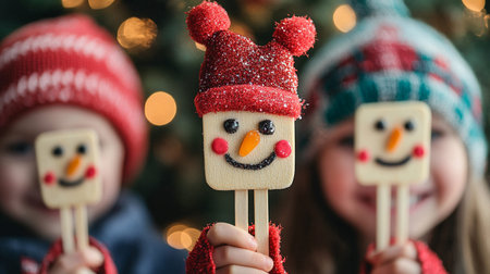 Two cute little girls in red hats and scarves with wooden snowman on Christmas background