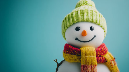 snowman wearing a knitted hat and scarf on a blue backgroundの写真素材