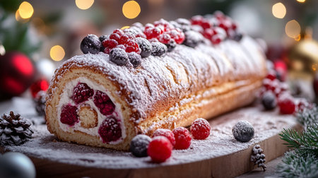 Christmas roll cake with berries and powdered sugar on a wooden background.の写真素材