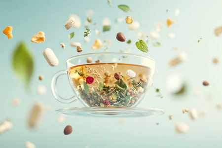 Tea in glass cup with falling pieces of dry leaves on blue backgroundの写真素材