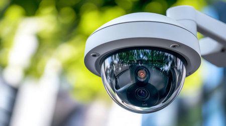 CCTV security camera or surveillance system in office building with green bokeh background