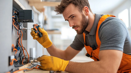 Handsome young man in overalls repairing electrical panel at home