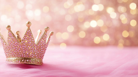 Golden crown on pink background with bokeh effect, copy spaceの写真素材