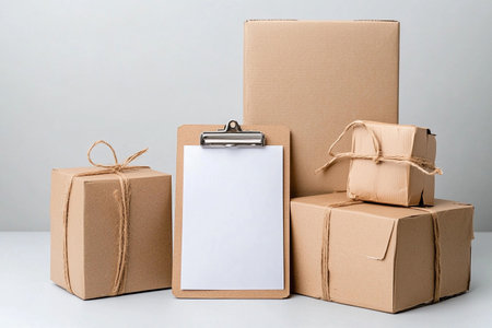 Cardboard boxes with blank paper sheet and clipboard on gray background.の写真素材