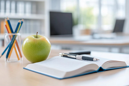 education and school concept - close up of notebook, pen and apple on table in classroomの写真素材