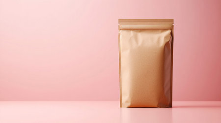 Mockup of blank golden foil coffee bag on pink background. 3d renderingの写真素材