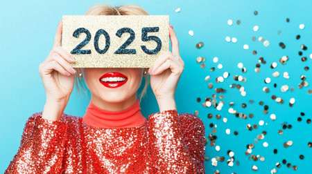 Happy young woman in red dress covering face with paper sign 2025 on blue background with confettiの写真素材