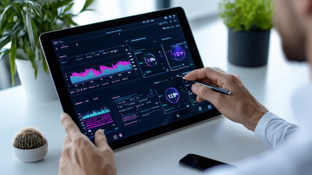 businessman using digital tablet with charts and graphs on screen in office